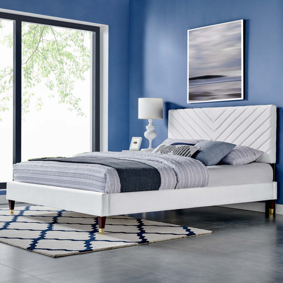 Platform Bed Frame, Queen Size, White, Velvet, Modern, Bedroom Guest Suite