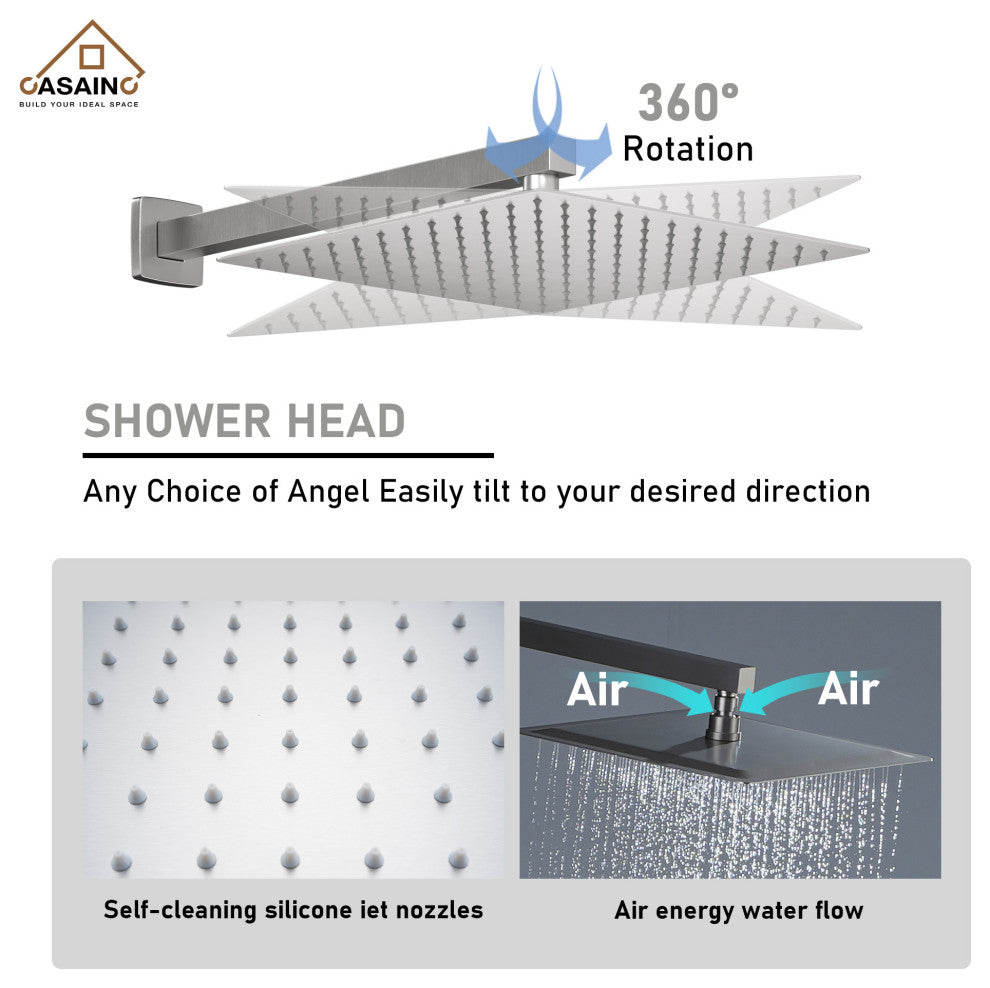 CASAINC 12" Wall Mounted Luxury Shower System Set w 6 Body Jets, Brushed Nickel