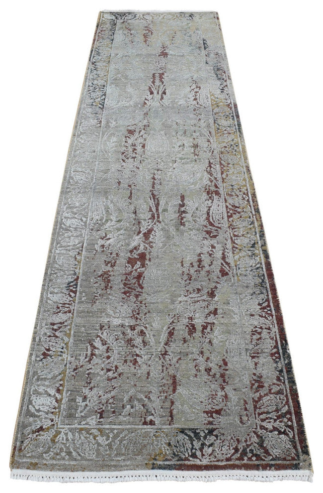 Gray, Erased Tulip Design Silk With Wool Hand Knotted Runner Rug, 2'6"x9'10"