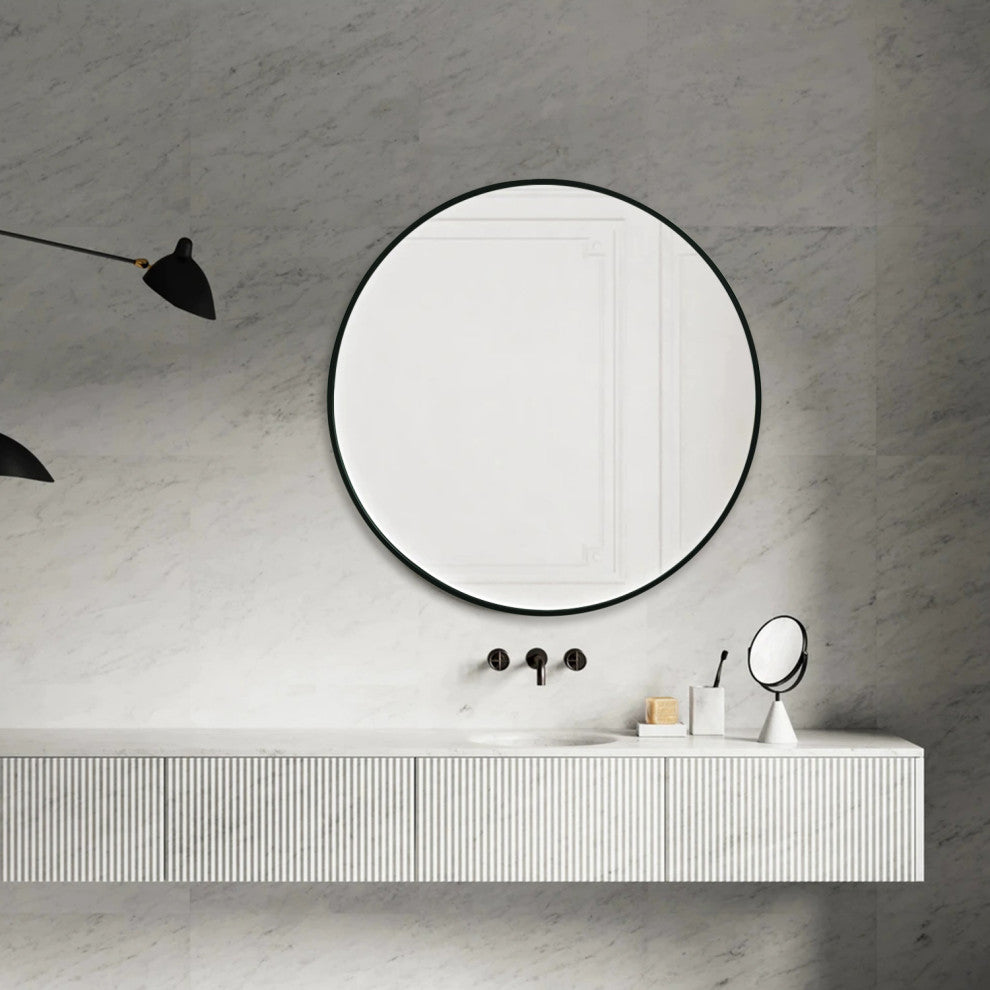 Round Black Metal Framed Wall Mirror, 35.5" X 35.5" Dia.
