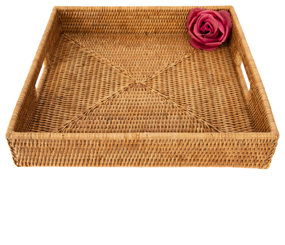 Artifacts Rattan™ Square Ottoman Tray with Cutout Handles, Honey Brown, 18"x18"