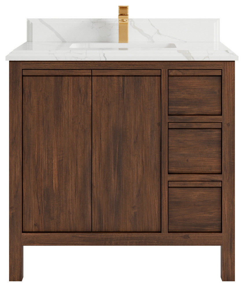 Elizabeth 36 Center Sink Bath Vanity in Dark Walnut Teak 1.5" Calacatta Laza