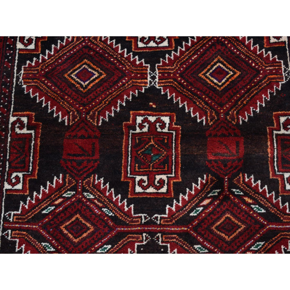 Chocolate Brown Vintage Persian Baluch Pure Wool Hand Knotted Rug 3'7" x 6'5"