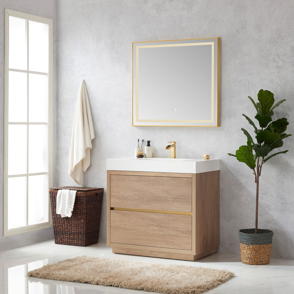 Huesca Bath Vanity, Integrated Sink Top, North American Oak, 36", With Mirror
