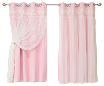 Lace Overlay Blackout Curtains, Newpink, 63"