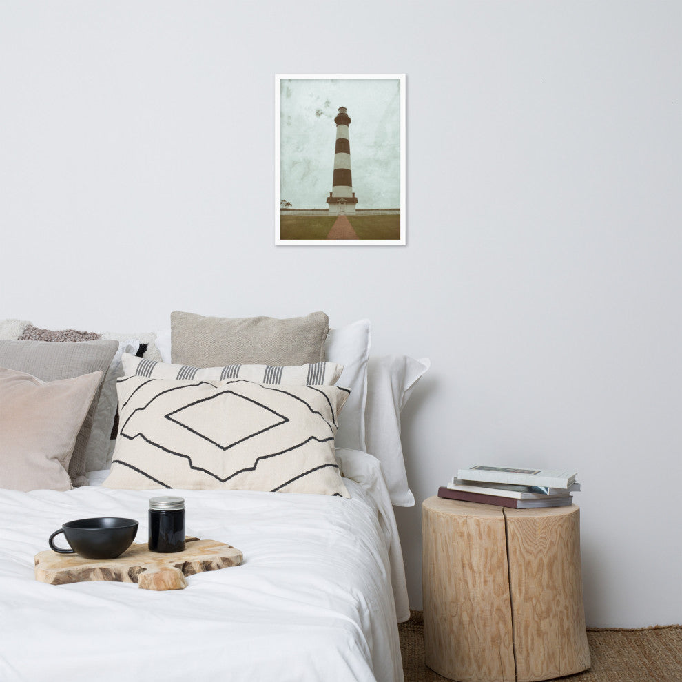 Aged Bodie Lighthouse Landscape Framed Photo Paper Wall Art Prints, White, 18" X 24"