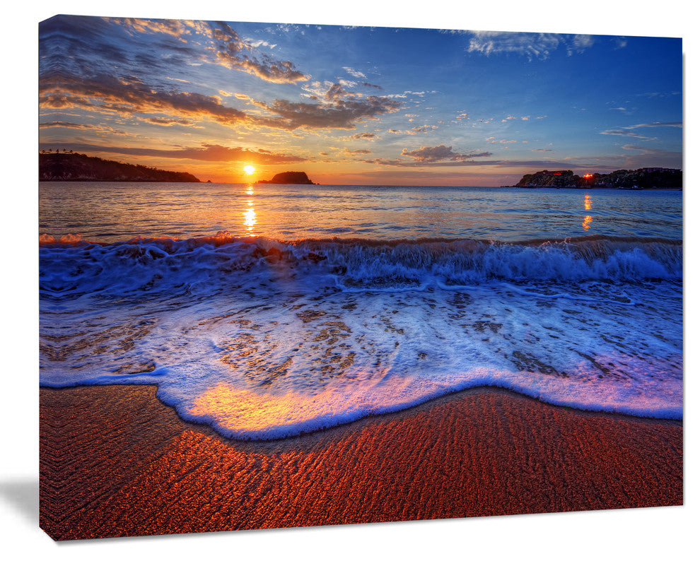 Blue Waves on Sandy Beach, Seashore Canvas Art Print, 60"x28"