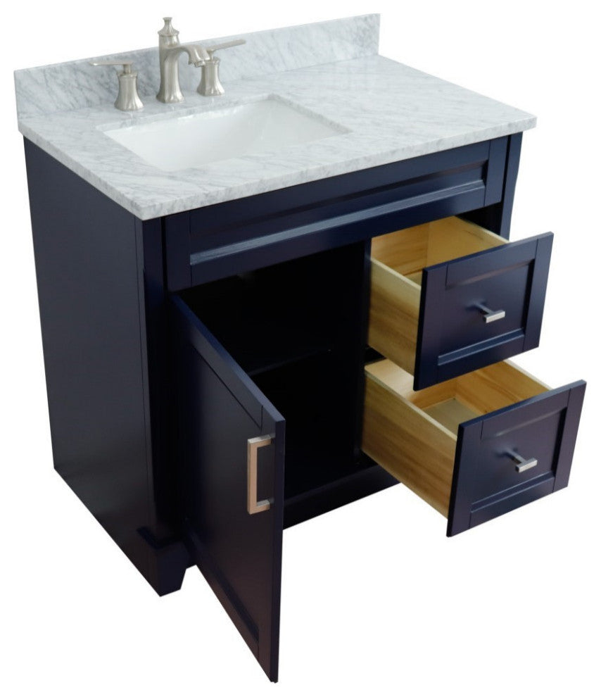 37" Single Sink Vanity, Blue Finish With White Carrara Marble