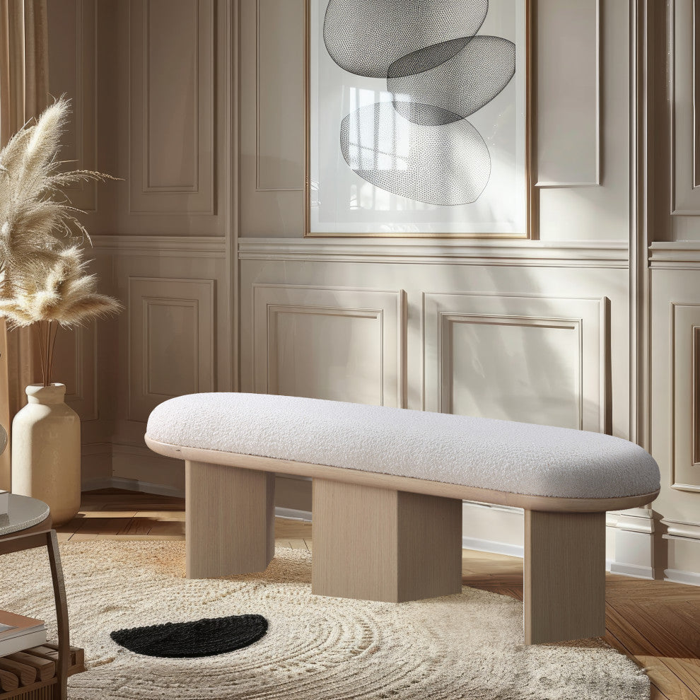 Wilshire Boucle Fabric Upholstered Bench, Cream, Natural Oak Finish