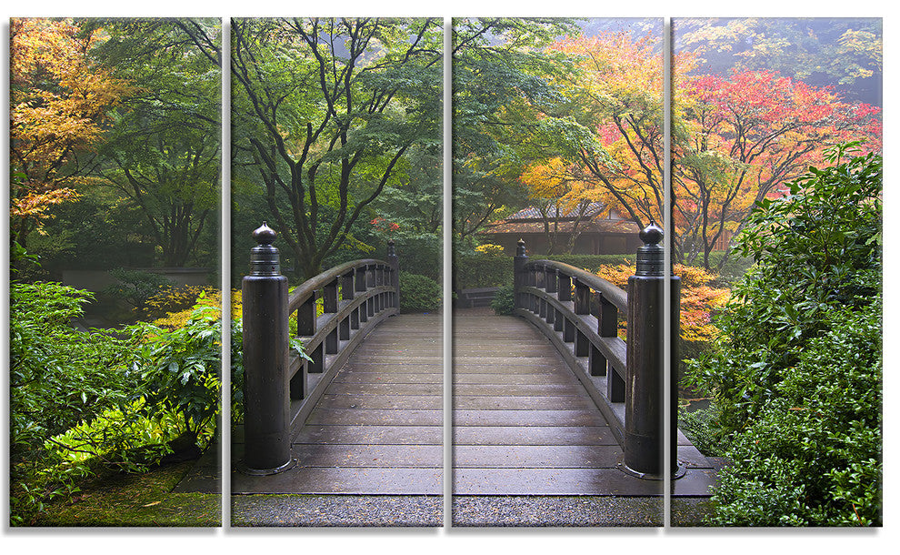 Wood Bridge at Japanese Garden In Fall, Bridge Canvas Print, 48"x28", 4 Panels