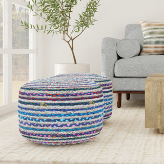 Margo Round Pouf, Braided Jute, Blue