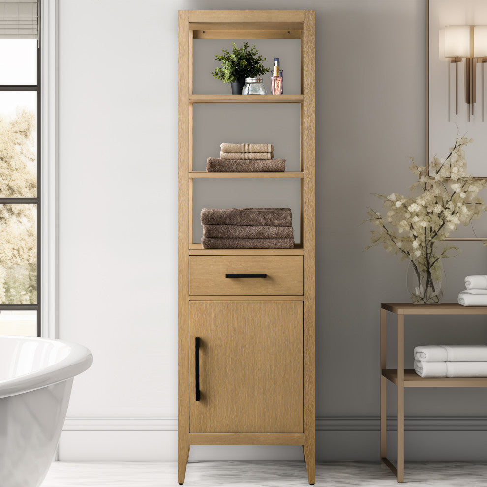 Vanity Art 21" Freestanding Linen Cabinet, Natural Oak, Matte Black Handle