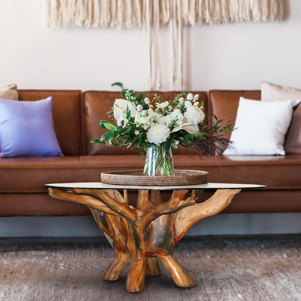 Rustic Teak Wood Root Round Coffee Table Including 43 Inch Glass Top