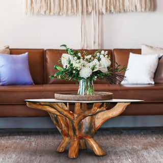 Rustic Teak Wood Root Round Coffee Table Including 43 Inch Glass Top