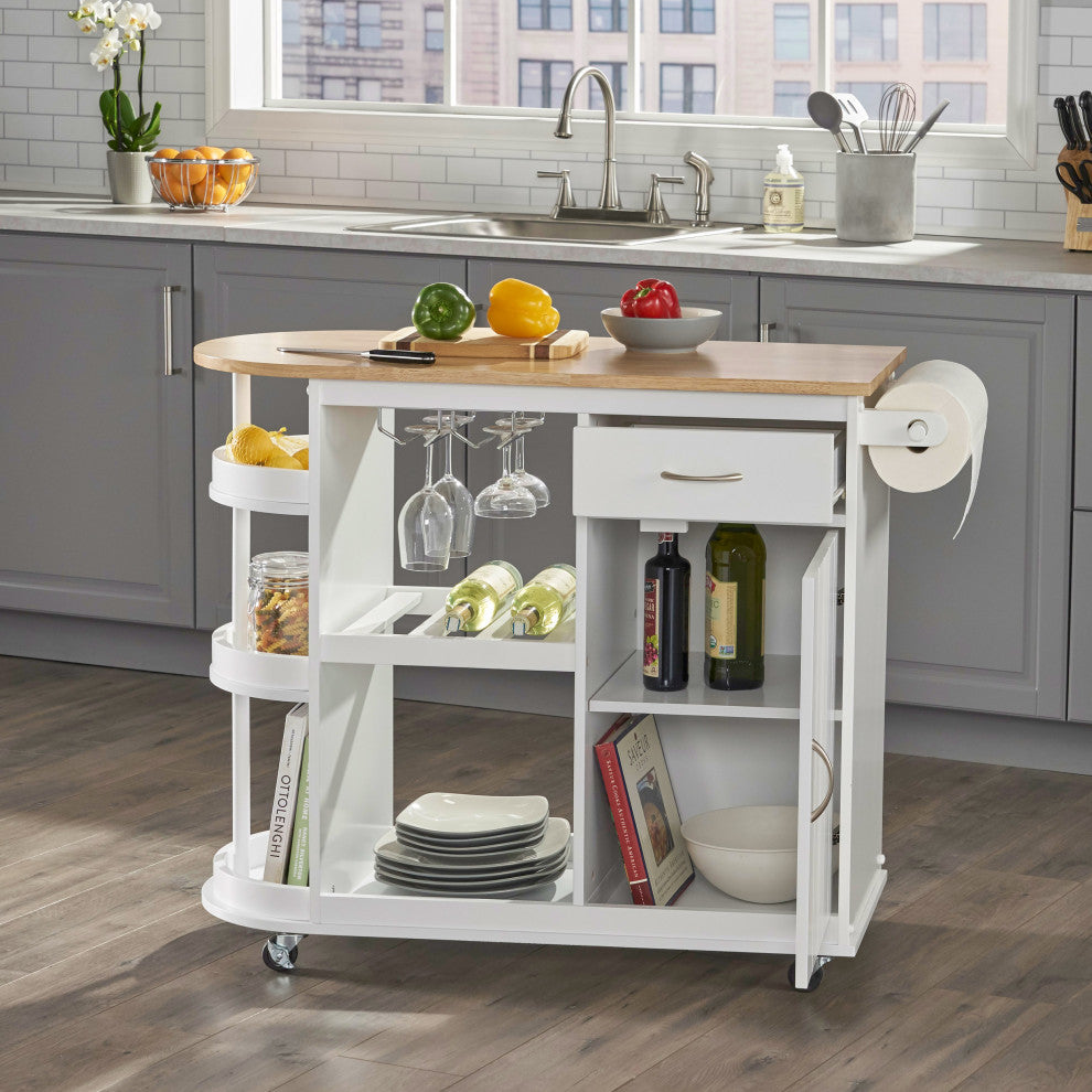 Chloe Kitchen Cart With Wheels, White and Natural