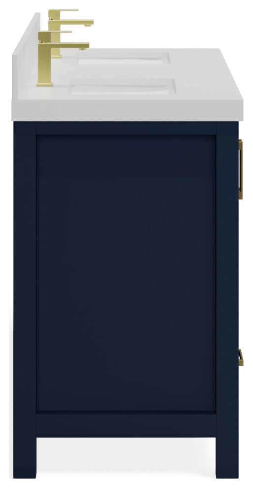 Preston Bath Vanity, Blue, 60", White Quartz Top, Double, Freestanding