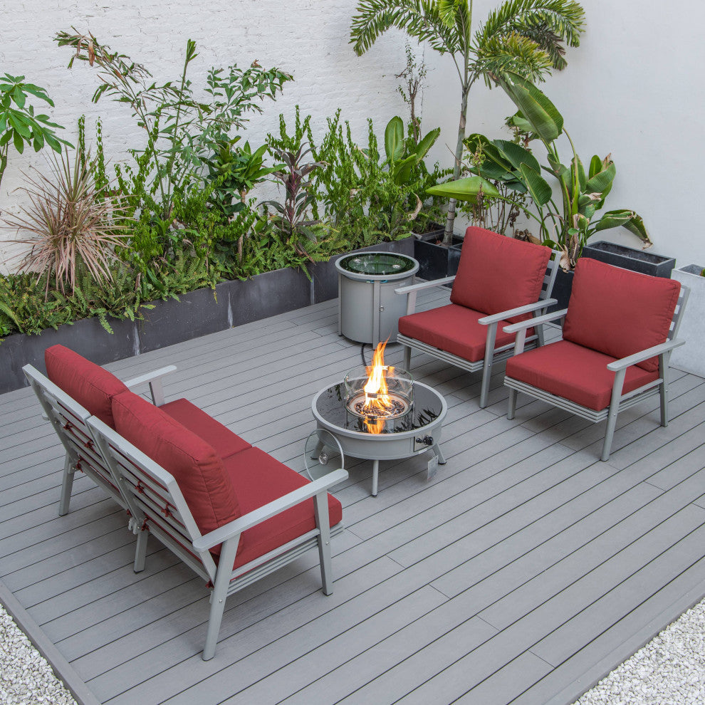 LeisureMod Walbrooke Grey Patio Sofa Set With Round Fire Pit Table, Red