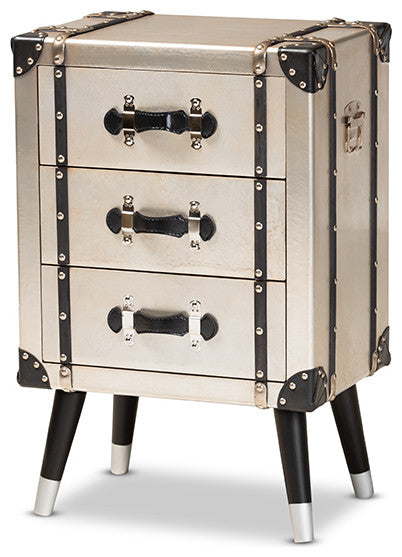 Dilan Vintage Antique Silver Finished Metal Trunk Inspired 3-Drawer End Table