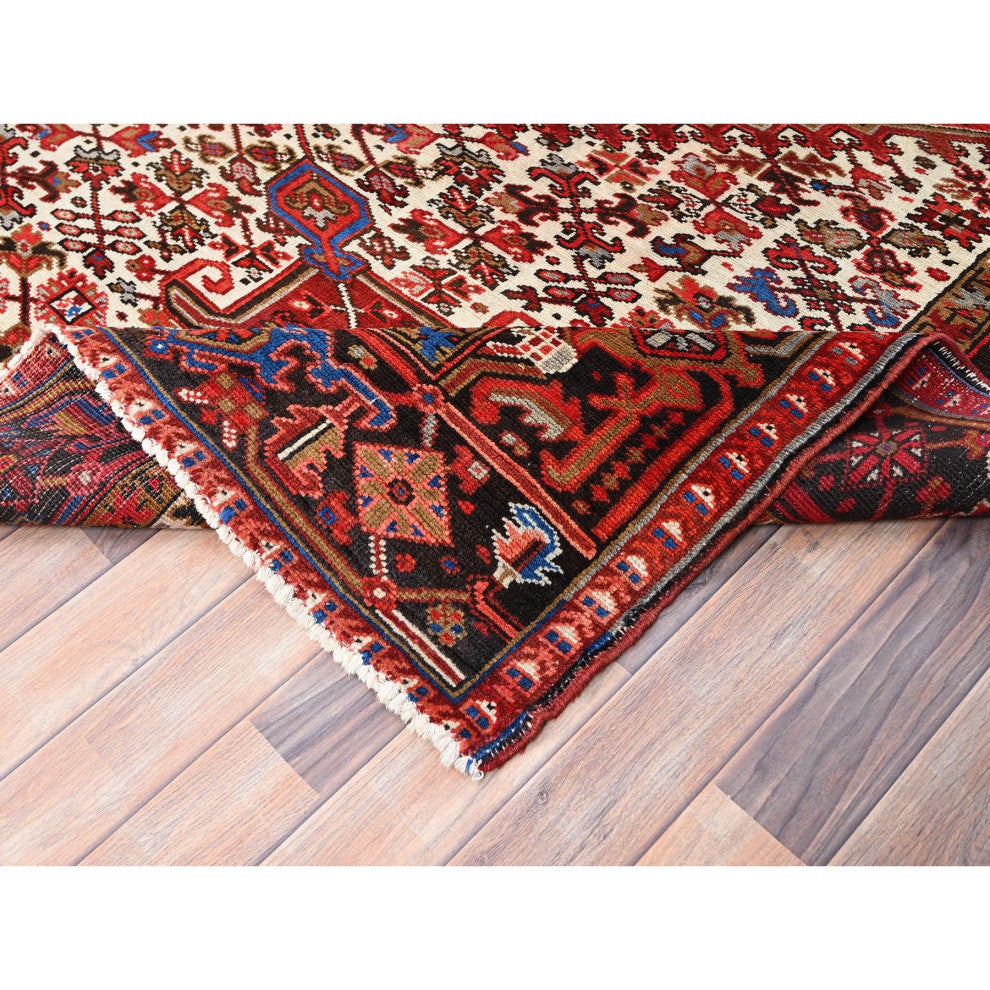 Imperial Red Pure Wool Hand Knotted Semi Antique Persian Heriz Rug 9'8"x12'9"