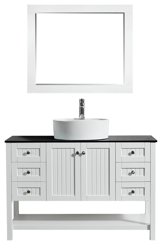 48"? Vanity in White with Glass Countertop with White Vessel Sink With Mirror