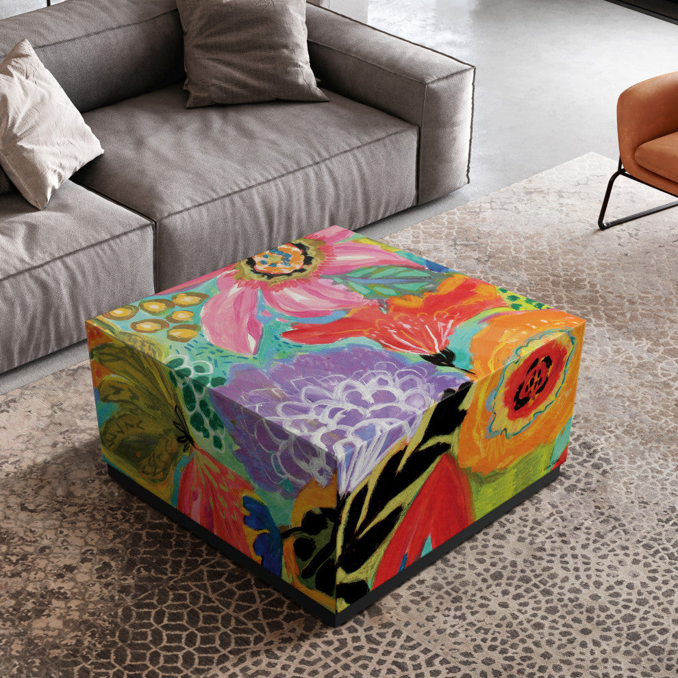 "Secret Garden Floral II" Printed Glass Cocktail Table with Black Plinth Base
