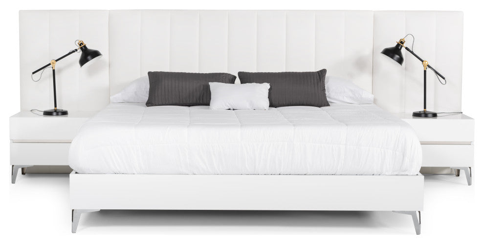 Nova Domus Angela Italian White Eco Leather Bed, Nightstands and Wings, Queen