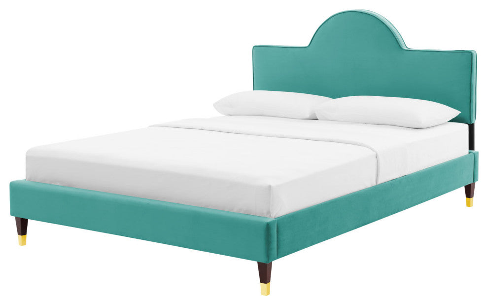 Platform Bed Frame, King Size, Teal Blue, Velvet, Modern, Bedroom Guest Suite