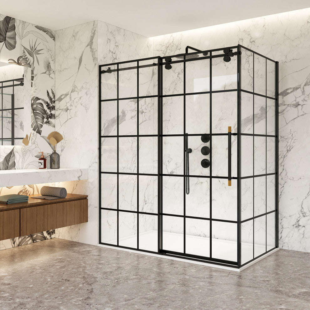 Puente Rectangle Sliding Framed Shower Enclosure, Matte Black, 68" W X 78"h