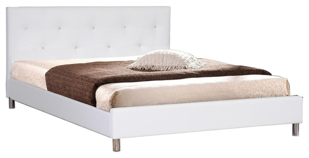 Barbara White Modern Bed With Crystal Button Tufting, Full Size