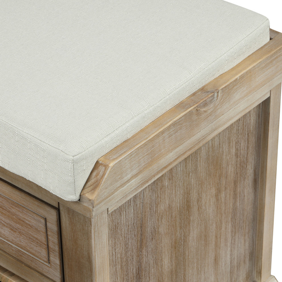 TATEUS 42" Rustic Storage Bench With 3 Drawers and 3 Rattan Baskets, White Washed