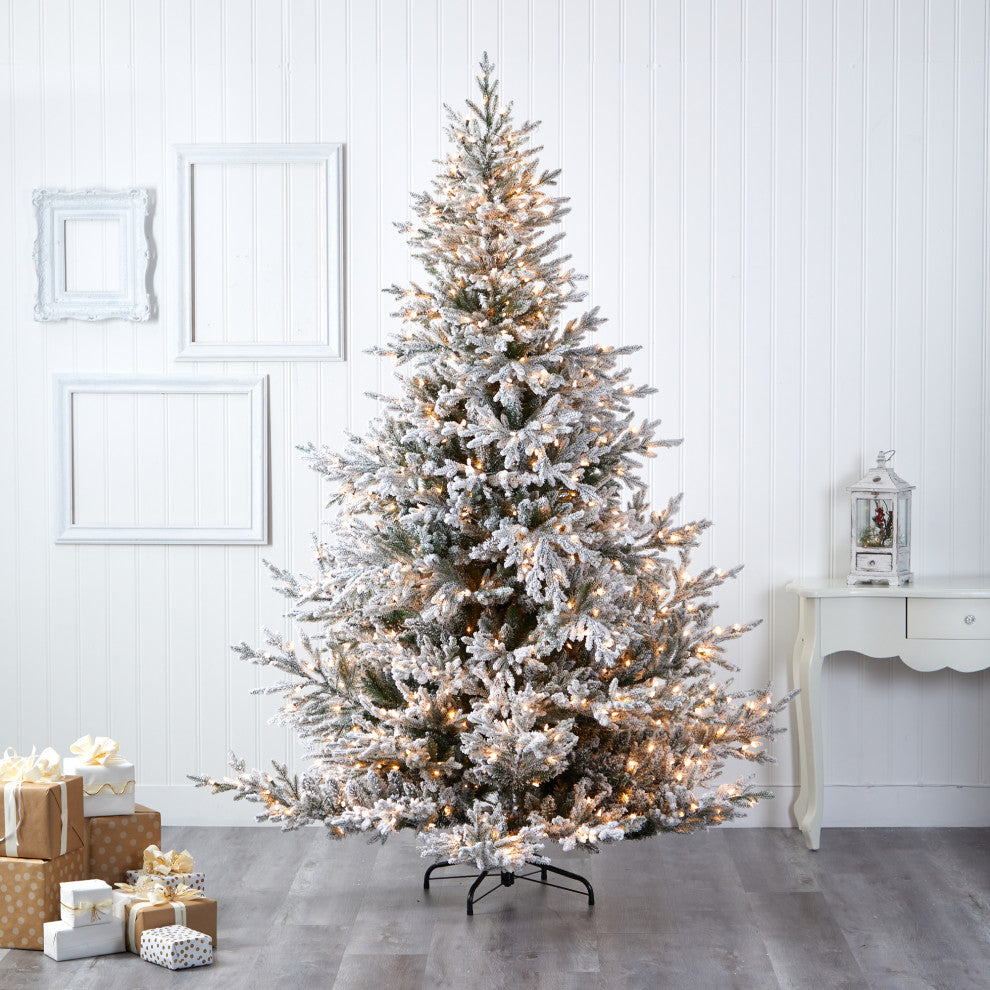 8' Flocked Fraser Fir Faux Xmas Tree W/800 White Lights & 4892 Bendable Branches