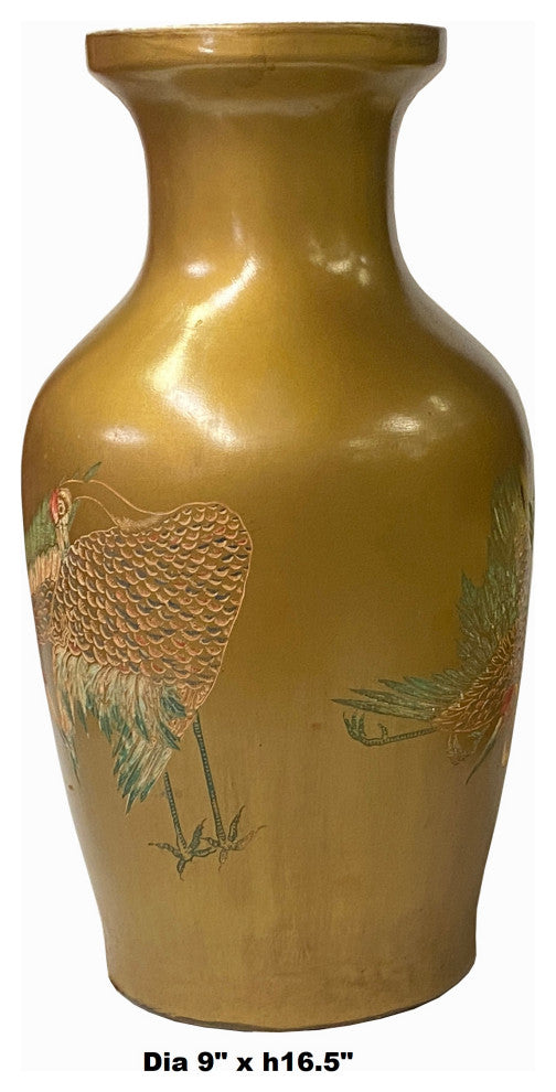 Vintage Handmade Chinese Matte Gold Paint Cranes Motif Vase Hws1847