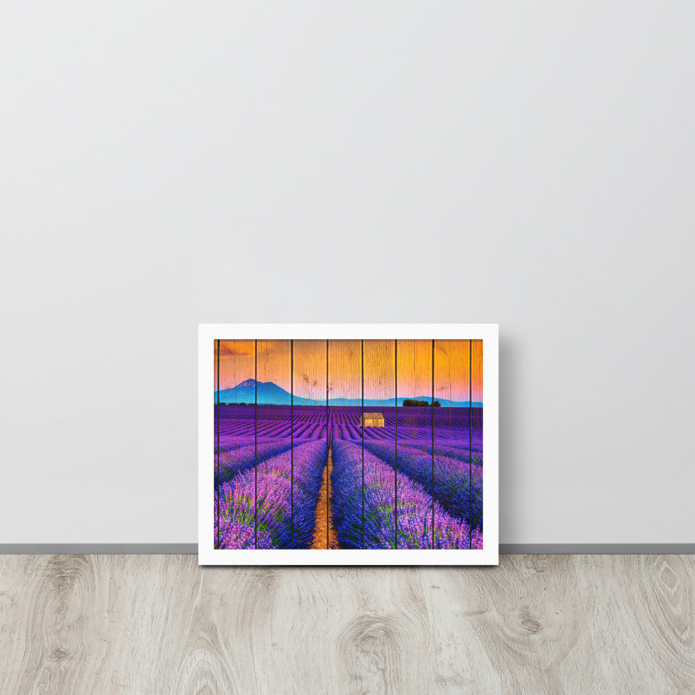 Faux Wood Lavender Fields and Sunset Landscape Framed Photo Paper Wall Art Print, White, 11" X 14"