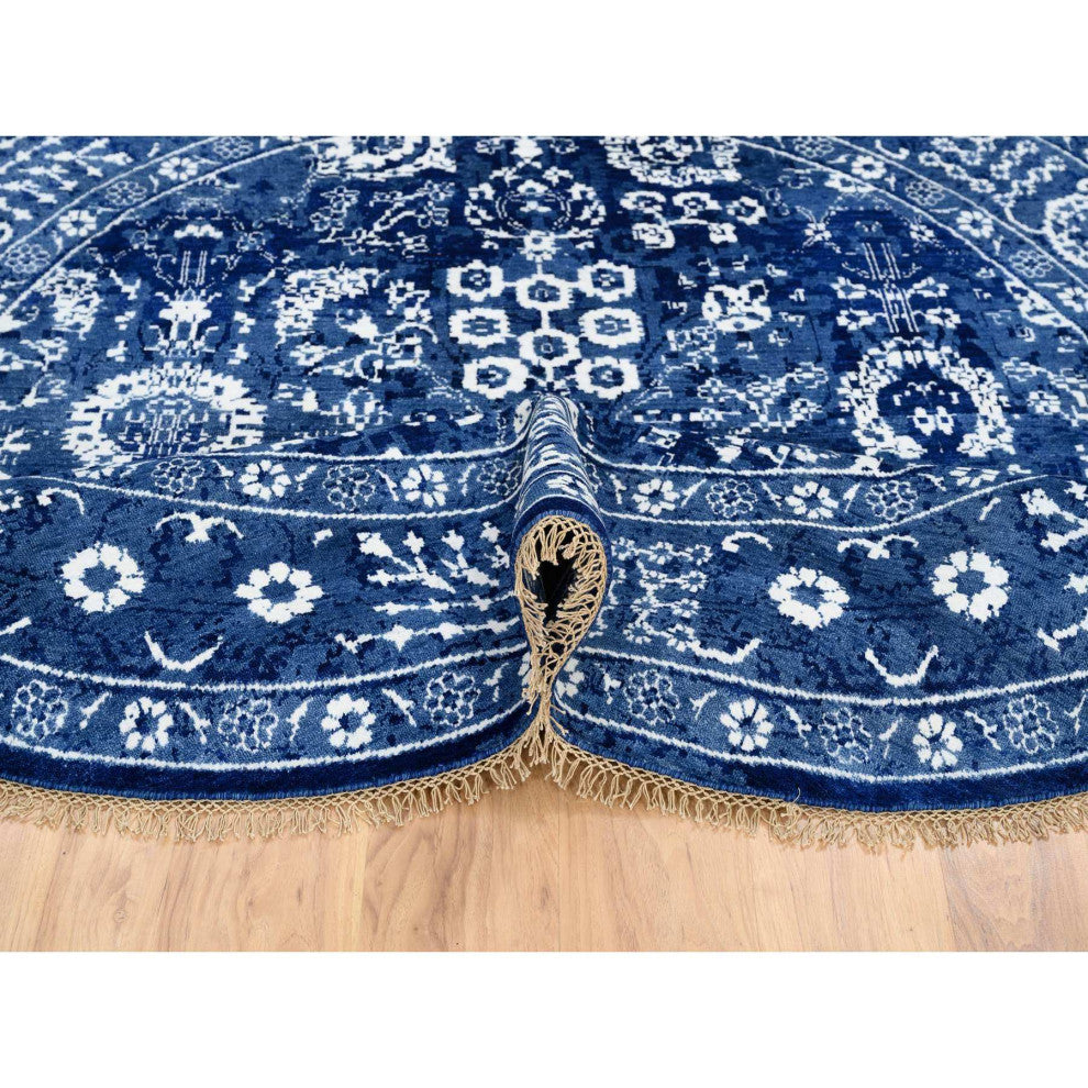 Denim Blue, Wool and Silk Hand Knotted, Tabriz Round Oriental Rug, 8'2"x8'2"