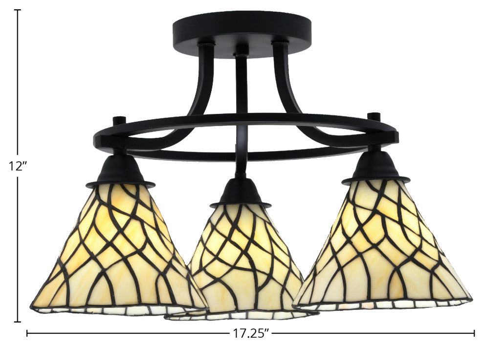 Paramount 3-Light Semi-Flush Light, Matte Black, 7" Sandhill Art Glass