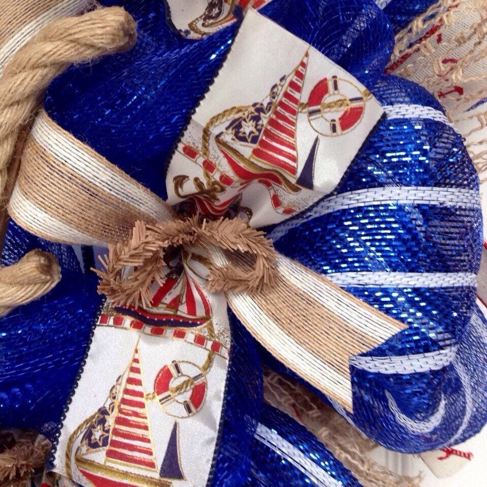 Nautical Ribbon Wreath Handmade Deco Mesh
