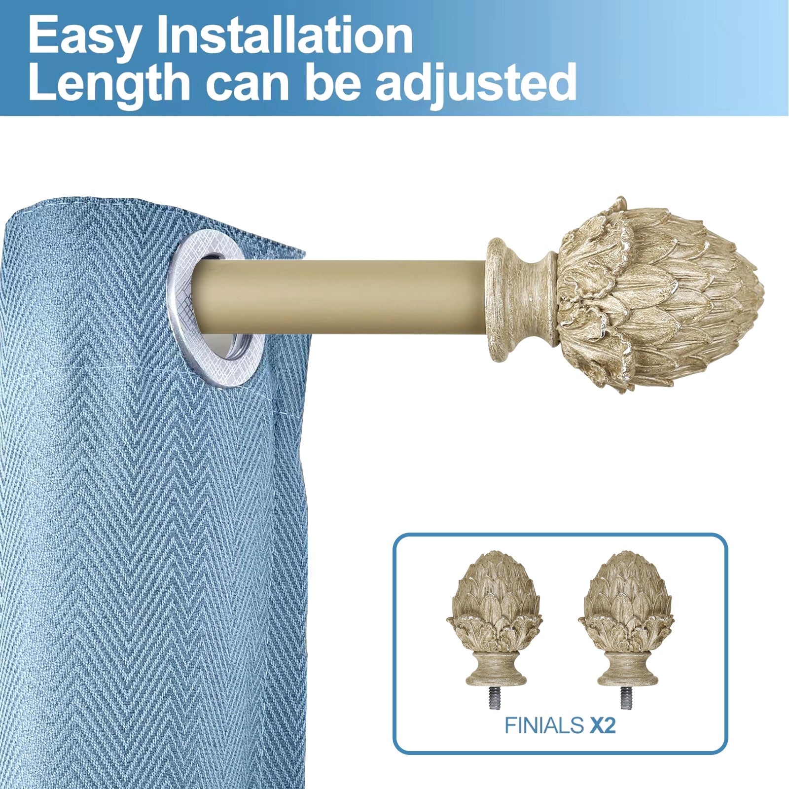 1" Diameter Artichoke Curtain Rod, 48"-84", Cottage