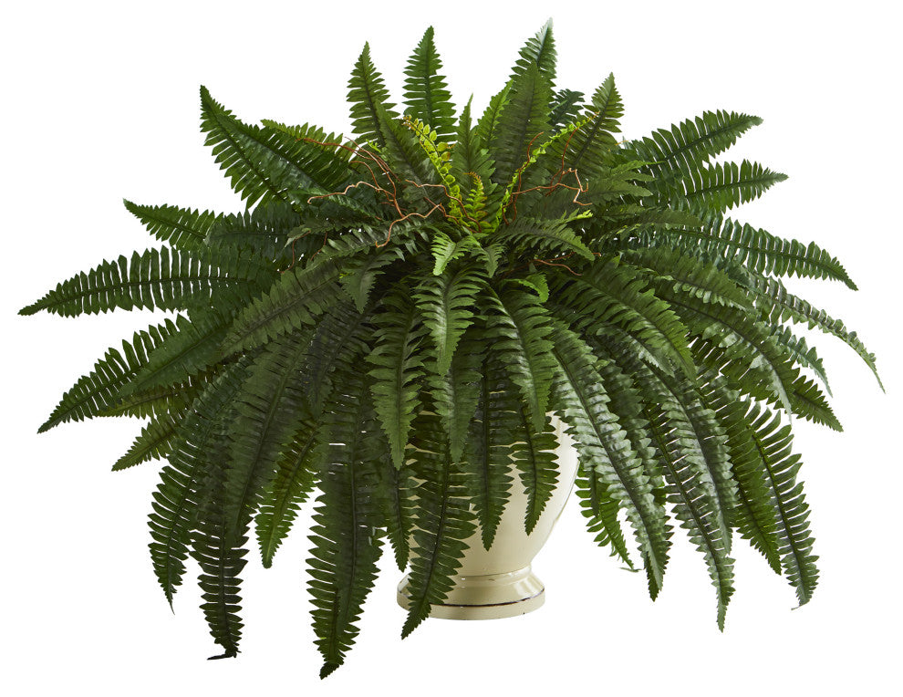 27" Double Boston Fern Artificial Plant, Decorative Urn