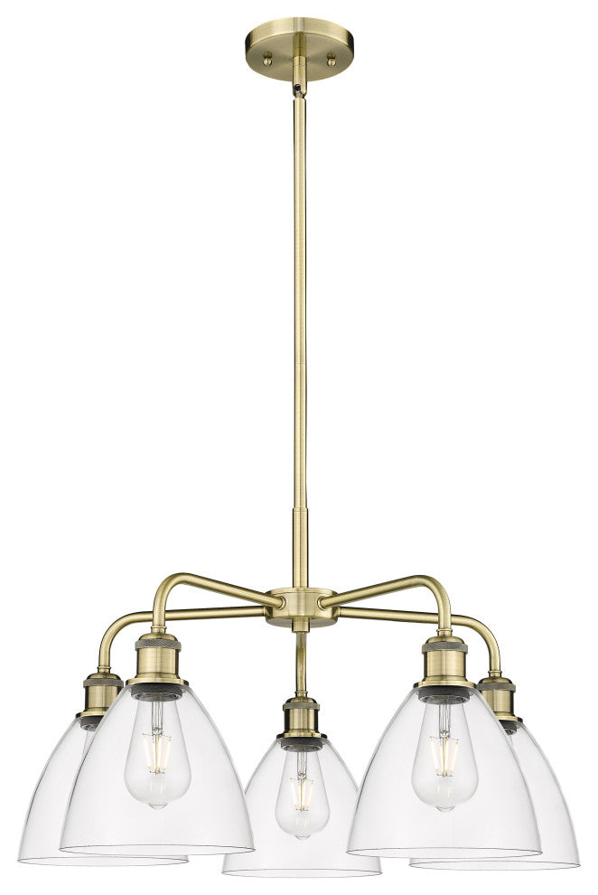 Bristol Glass 5-Light 26" Stem Chandelier, Antique Brass Finish, Clear Shade
