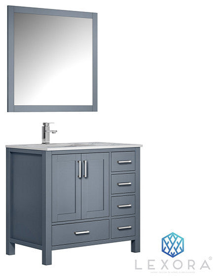 Jacques 36" Vanity, Wht Carrara Marble Top w/ 34" Mirror, Dark Grey, Left