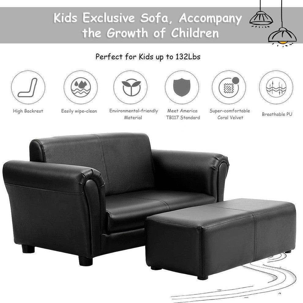 Modern Kids Double Sofa With Ottoman, Black