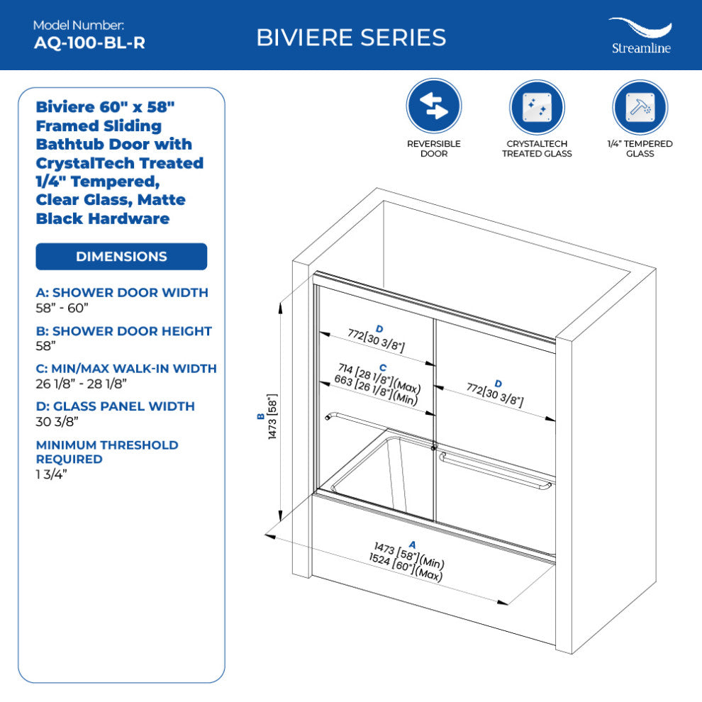 Biviere 60"x58" Sliding Bathtub Door, CrystalTech Treated 1/4" Tempered Glass