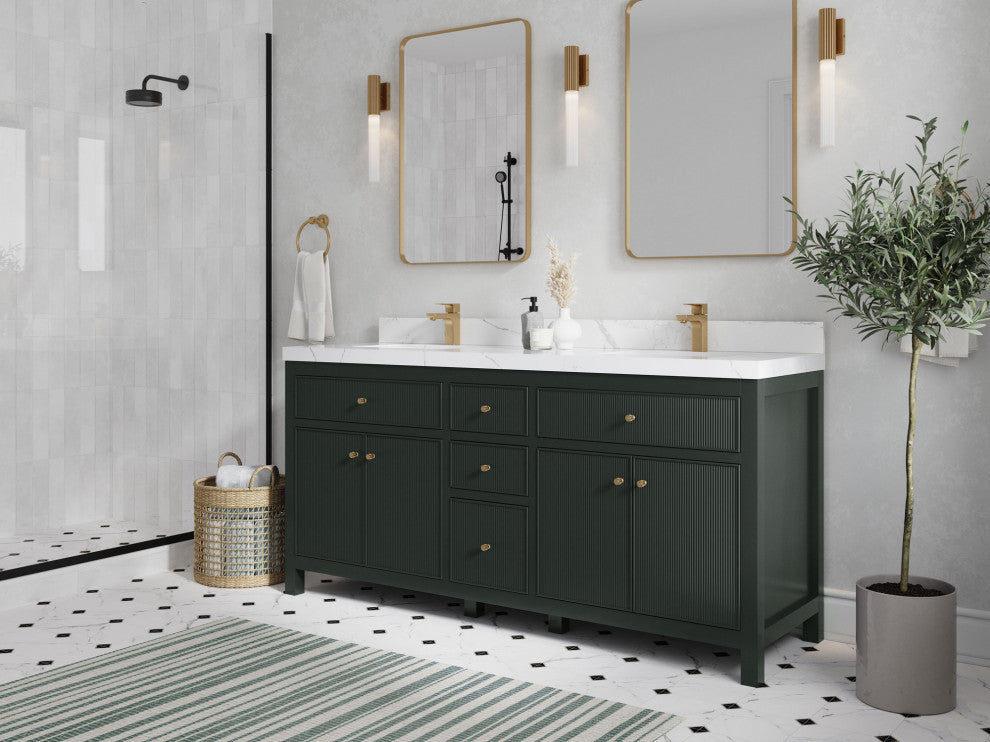 Sonoma 72 Double Sink Reeded Bath Vanity in Dark Forest Green 2" Calacatta Nuvo