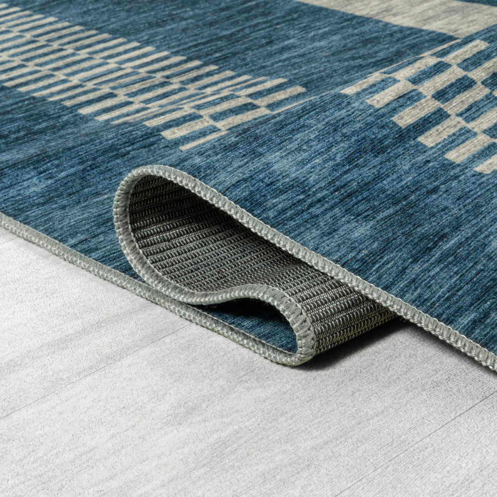 Vichy Geometric Striped Machine-Washable Blue/Cream 8 ft. x 10 ft. Area Rug