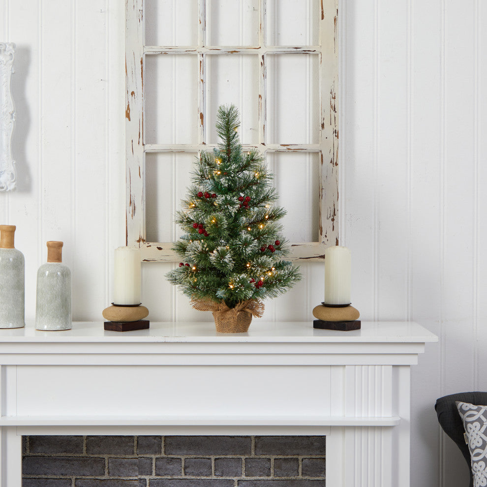 2' Snow Tipped Pine & Berry Faux Xmas Tree W/Warm White LED Lights, Burlap Base