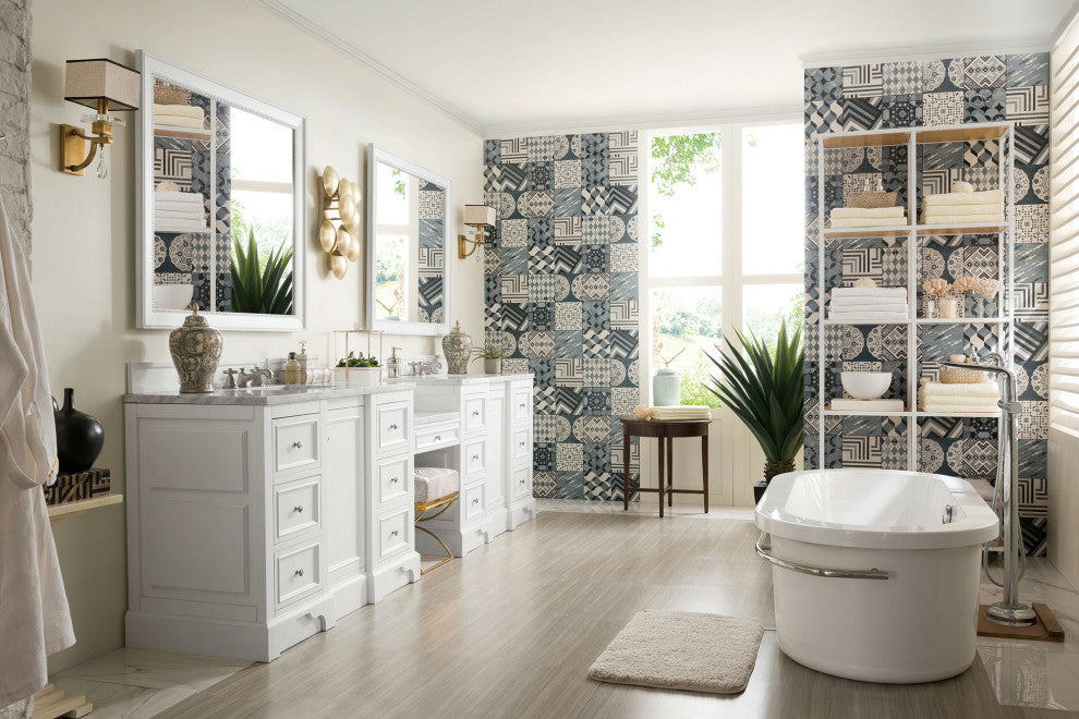 De Soto 118" Double Vanity Set White w/Makeup Table 3 CM Carrara Marble Top