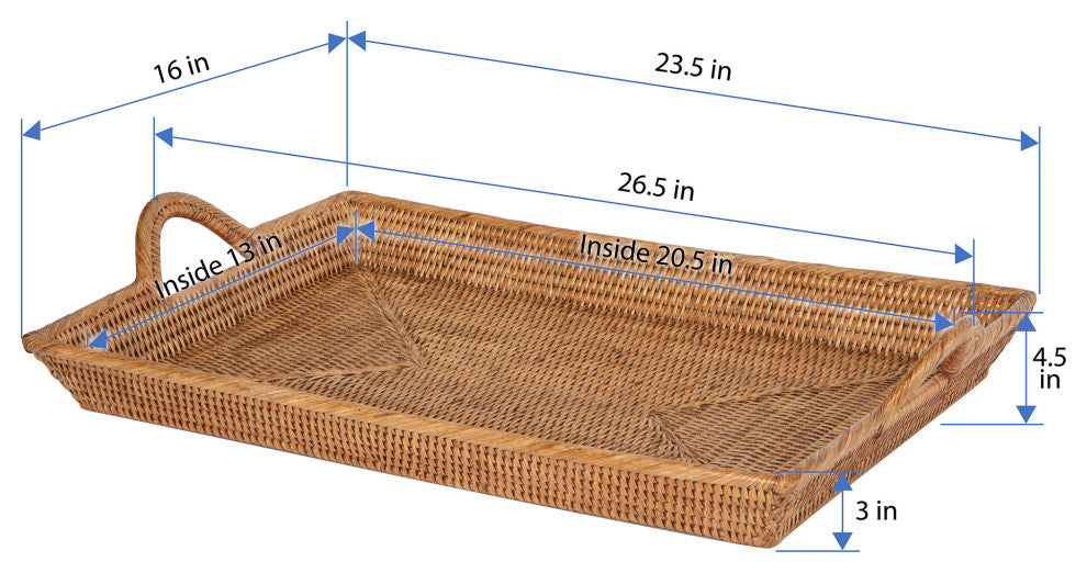 Rattan Decorative Serving Breakfast Tray, Ear Handles, Ottoman Tray, Honey-Brown