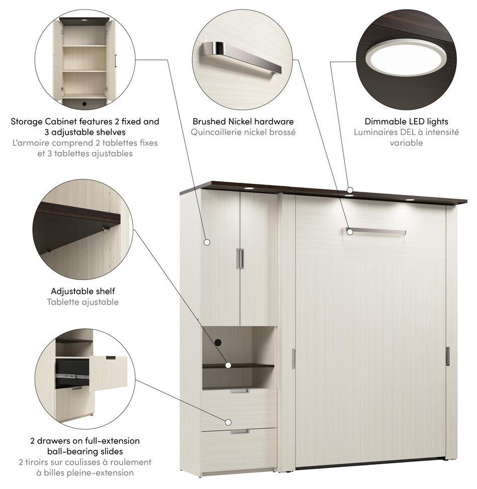 Lumina Full Murphy Bed with Storage Cabinet (84W) in White Chocolate