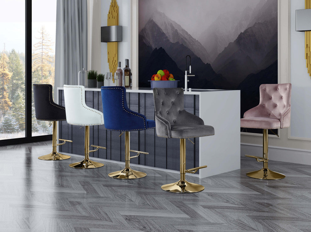 Claude Velvet Upholstered Adjustable Stool, Gray, Gold Base