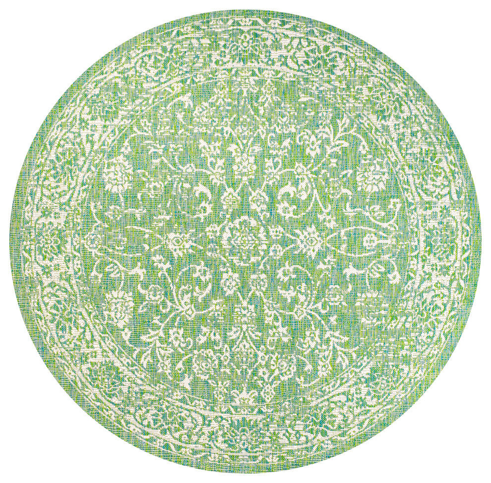 Tela Boho Textured Weave Floral Indoor/Outdoor Rug, Cream/Green, 5' Round